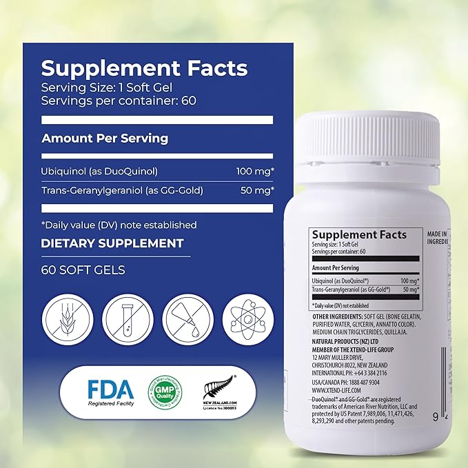 Xtendlife Xtend-Quinol CoQ10 Supplement for Heart Health Cellular Energy and Aging Health - Ubiquinol and GG for CoEnzyme Q10 Production - 60 Day Supply