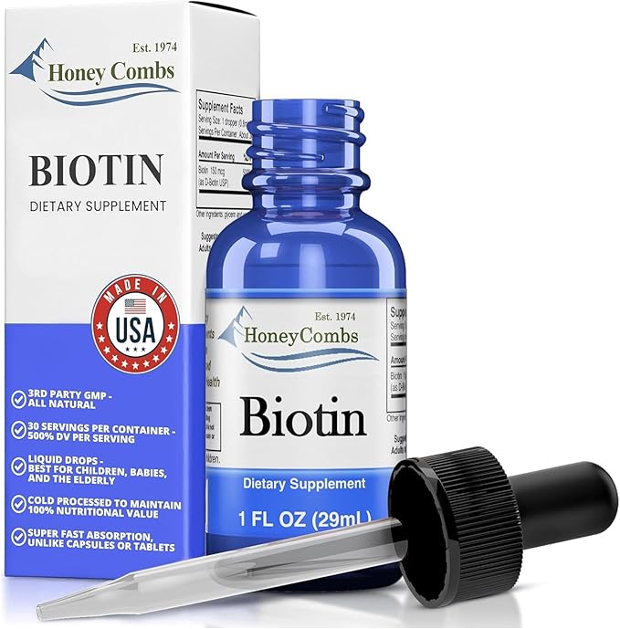 HoneyCombs Liquid Biotin for Hair Growth Drops High Potency Biotin Liquid Vitamin B7 500 Percent DV Vegan Sublingual Biotin Liquid Drops for Adults and Kids 36 Serving Bottle Made in USA