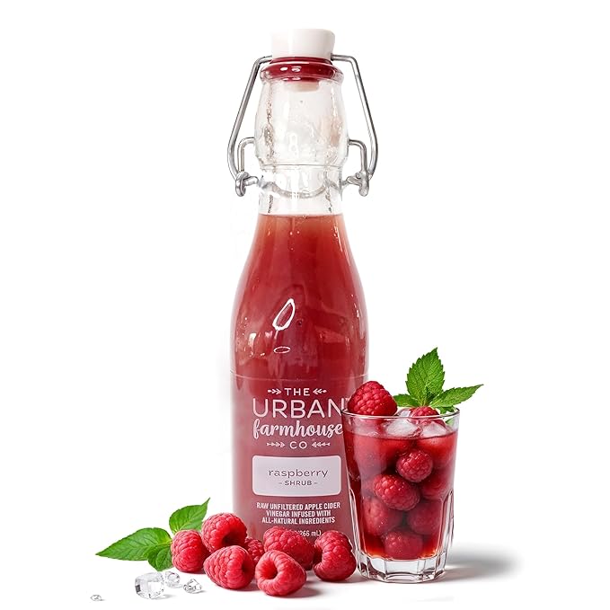 The Urban Farmhouse Co Organic Vinegar Shrub – Raspberry 9 oz Bottle – Small Batch Drinking Vinegar with Apple Cider Vinegar &amp Whole Berries – Cocktail Mixer Gut Health Tonic No Sugar Added