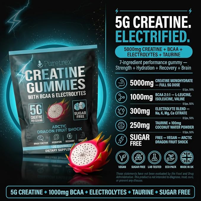 Creatine Gummies with BCAA &amp Electrolytes Sugar Free Arctic Dragon Fruit Flavor 5G per Serving 120 Count Dietary Supplement