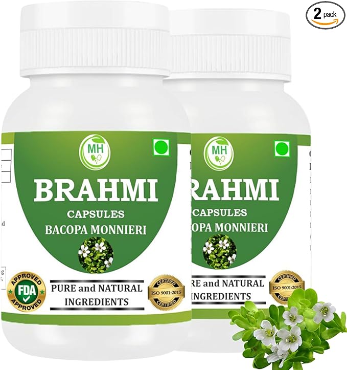 Brahmi Capsules | Bacopa Monnieri Extract | 500mg Each | Non-GMO Vegan Gluten-Free | Natural Herbal Supplement | 120 Vegetarian Capsules | Pack of 2 Bottle