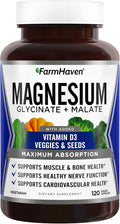 FarmHaven Magnesium Complex –Magnesium Glycinate &amp Malate w/Vitamin D3 100% Chelated for Max Absorption Vegetarian – Bone Health Nerves Muscles 120 Capsules 60 Days