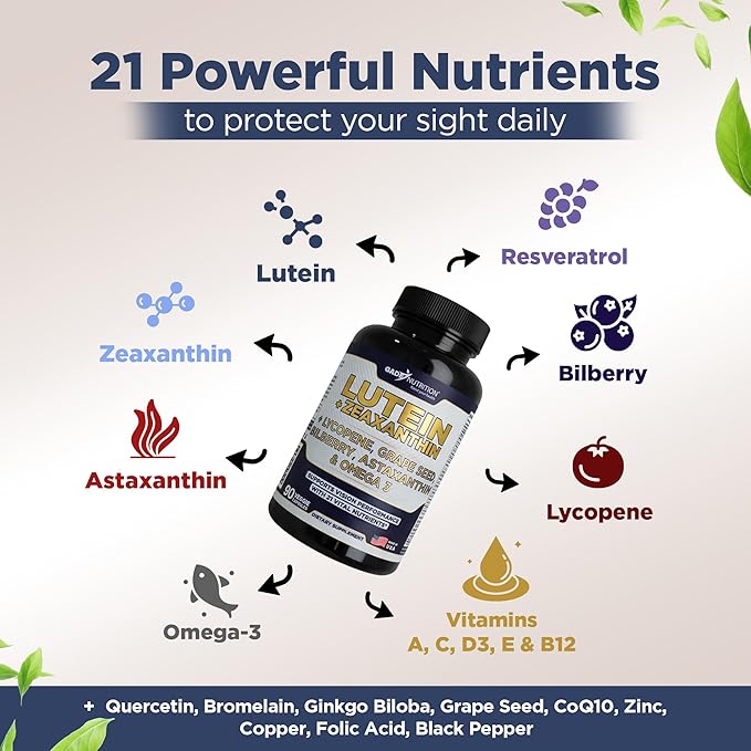 Gade Nutrition Lutein and Zeaxanthin Supplements | Astaxanthin Eye Vitamins with Omega 3 Resveratrol Bilberry Lycopene Quercetin Ginkgo Biloba Vitamin D and More Eye Care Vitamins and Minerals