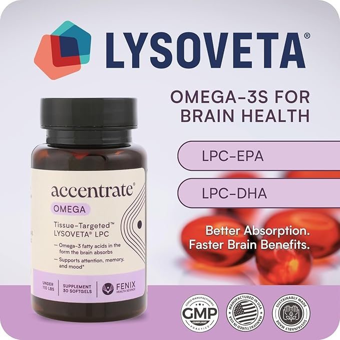 Omega w/LYSOVETA LPC | EPA &amp DHA Supplements for Brain Health | Focus Attention Memory &amp Mood | 6X Higher Absorption Than Fish Oil | Omega-3 Fatty Acid Supplements | Highest Potency LPC-DHA