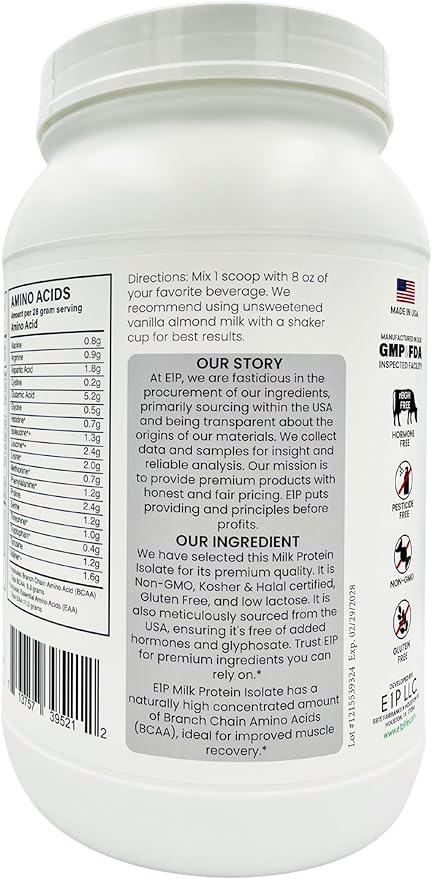 Milk Protein Isolate 2lbs (32 Servings) Unflavored Non-GMO Cold-Processed Non-Denatured Third-Party Lab Tested. Made with Halal and Kosher Certified Ingredients. (2 lbs)