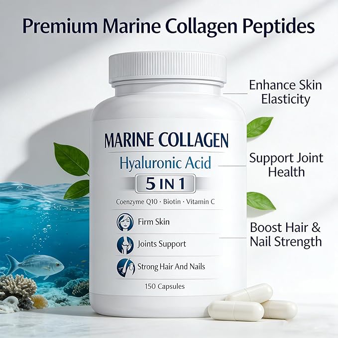 Colágeno Marino + Ácido hialurónico 5 in 1 Premium Formula 150 Capsules for Skin Hair Nails Health Hydrolyzed Collagen Type I with CoQ10 Biotin Vitamin C