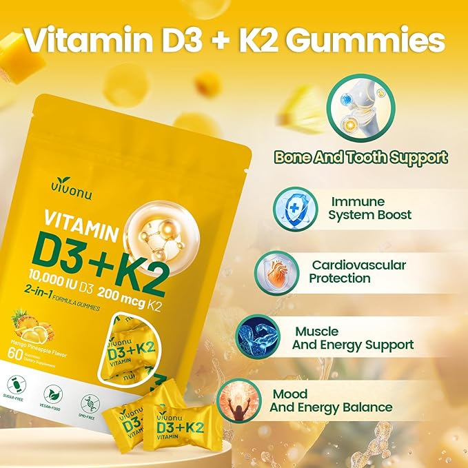 Vitamin D3 K2 Gummies D3 10000 IU &amp MK7-200 mcg 2 in 1 Vitamins D &amp K Complex | Vitamina D3 con K2 | Supports Calcium Absorption Bone Immune &amp Heart Health Easy to Carry and use (120