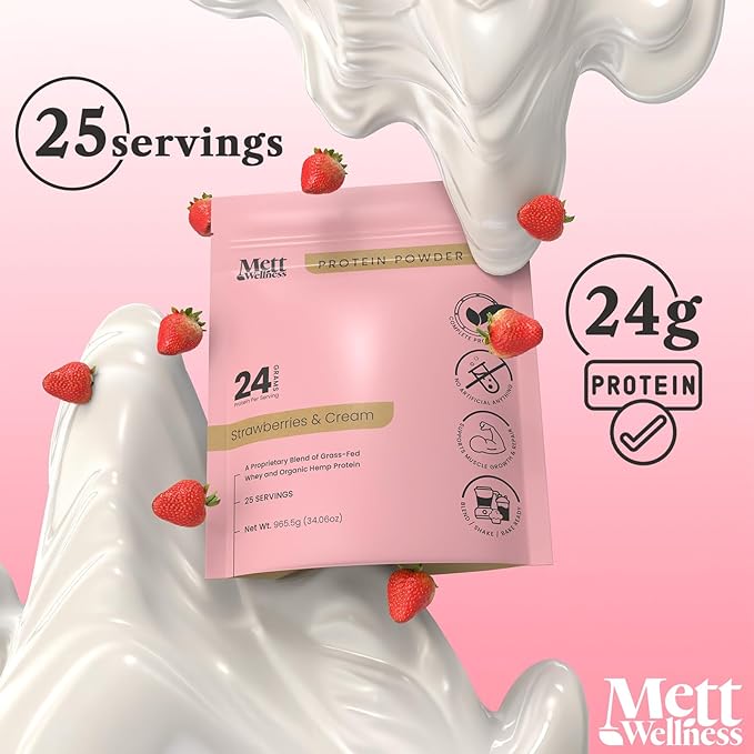 Strawberries &amp Cream Grass-Fed Whey + Hemp Heart Protein Powder with Bovine Collagen | 24g Protein per Serving | Supports Digestion &amp Daily Wellness | 1.5 lbs (25 Servings)