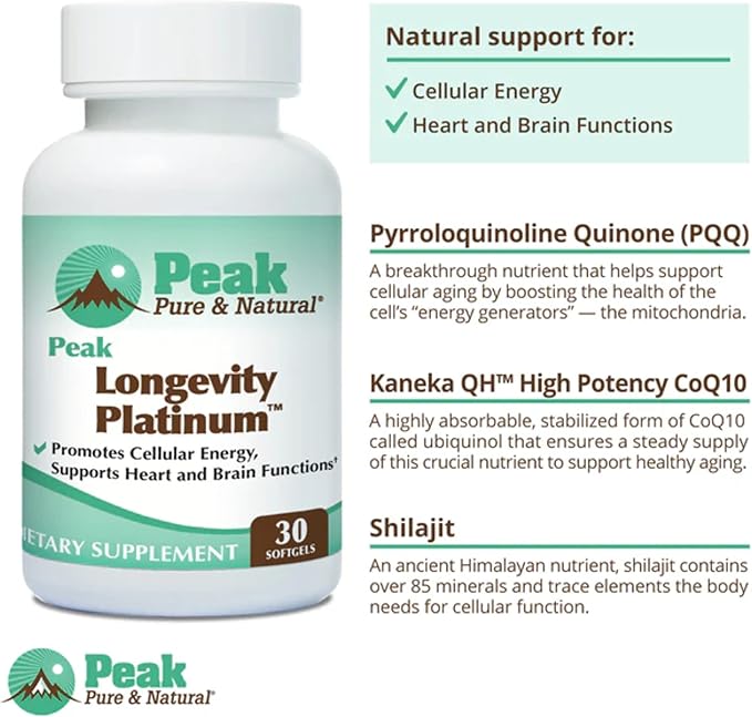 Peak Longevity Platinum PQQ Supplement with Coenzyme Q10 - Pyrroloquinoline Quinone with Ubiquinol CoQ10 and Shilajit - Mitochondrial Supplement for Natural Energy and Healthy Aging (30 Softgels)
