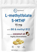 Micro Ingredients L Methylfolate 15mg 240 Softgels | Active 5-MTHF with B6 &amp Methyl B12 | Methylated Vitamin B9 with Coconut Oil