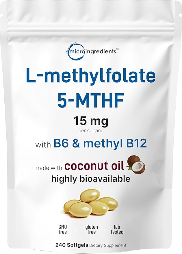 Micro Ingredients L Methylfolate 15mg 240 Softgels | Active 5-MTHF with B6 &amp Methyl B12 | Methylated Vitamin B9 with Coconut Oil