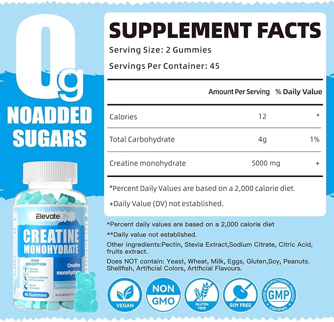 ElevateLife Creatine Monohydrate Gummies for Men &amp Women Chewables Creatine Monohydrate for Muscle Strength Muscle Builder Energy Boost Pre-Workout Supplement(90 Count)-Blueberry