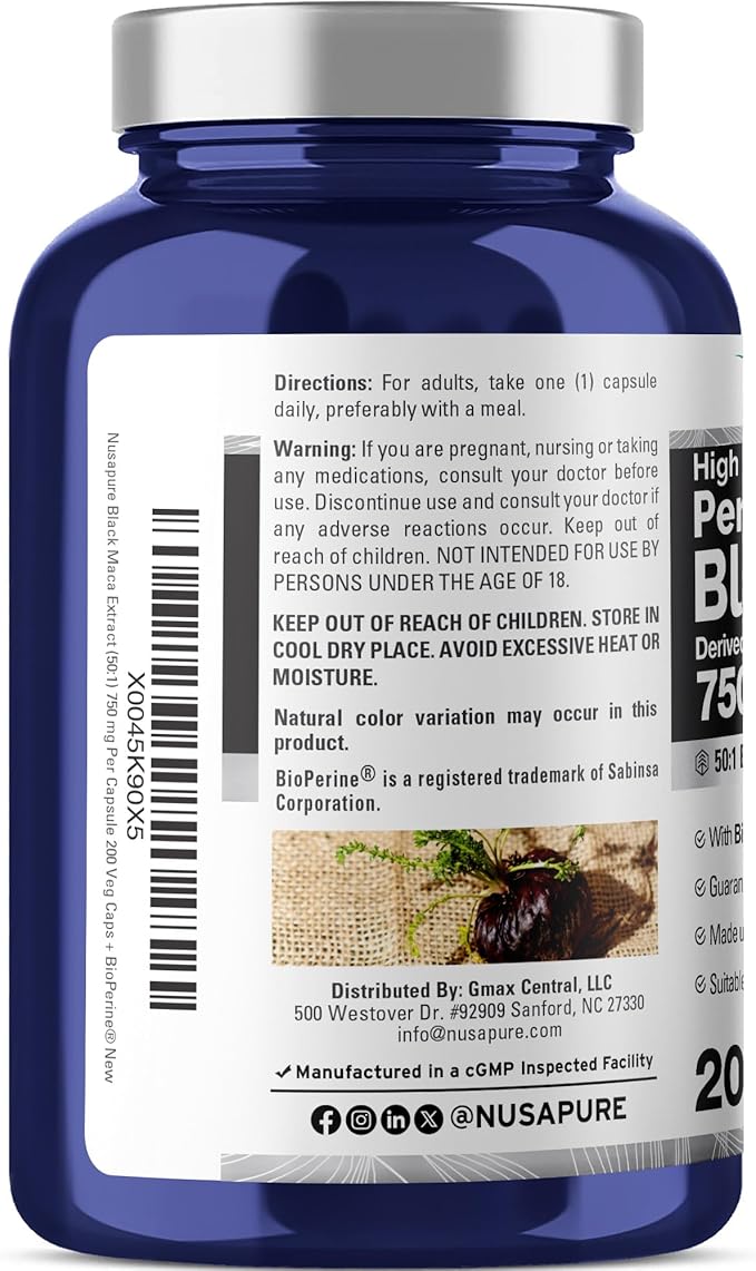 NusaPure Peruvian Black Maca Root 750 mg 200 Veg Capsules ((Non-GMO Vegan)