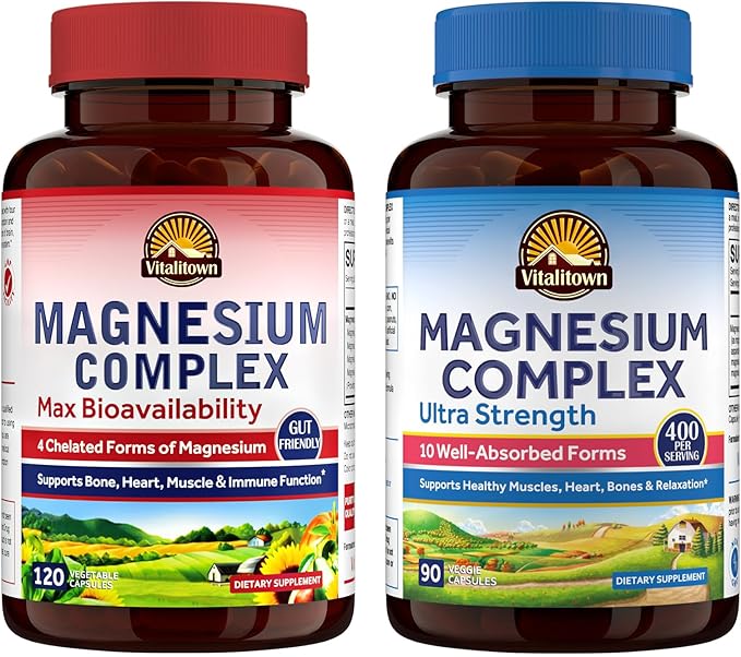 Vitalitown Ultimate Magnesium Bundle (Pack of 2) | Magnesium 4-in-1 Complex (Item 1) &amp Magnesium 10-in-1 Complex (Item 2) | 120 + 90 Capsules