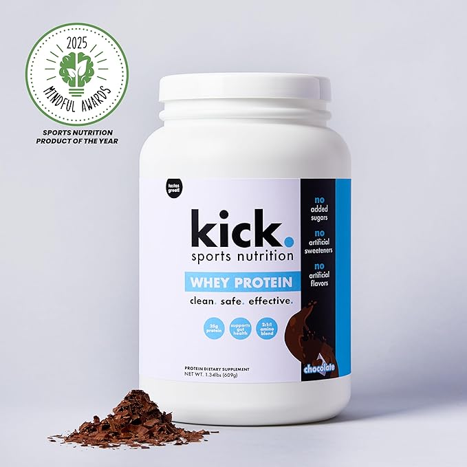 Kick Whey Protein Powder Chocolate Flavor 25 G Protein Gluten Free Workout Supplement with Amino Acids to Support Fitness Goals &amp Gut Health No Added Sugar No Artificial Flavor 16 Servings