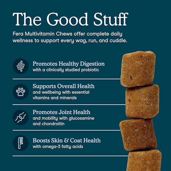 Fera Pets Dog Multivitamin Chews with Glucosamine and Probiotics - Essential Dog Vitamins &amp Minerals - Promotes Healthy Digestion &amp Joints - Boosts Skin &amp Coat Health with Omega-3s - 90 So