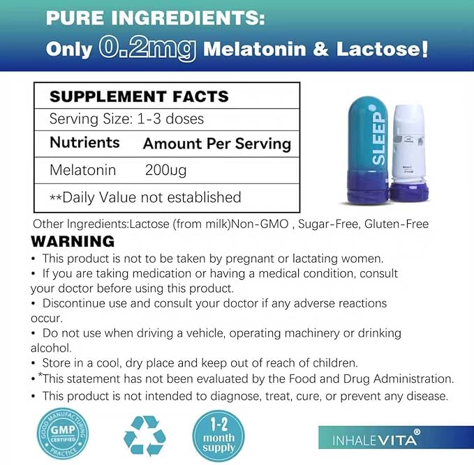 Melatonin Inhaler Sleep Aid | 60-Day Supply Fast-Acting with Advanced Absorption | 0.2mg Low Dose Zero-Sugar | Wake Refreshed Portable &amp Non-Habit Forming
