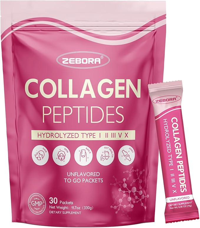 ZEBORA Multi Collagen Peptides Powder Packets with Hyaluronic Acid Biotin MCT - Hydrolyzed Collagen with 5 Billion Probiotics - Support Skin Hair Nail &amp Gut Health - 30 Stick Packs