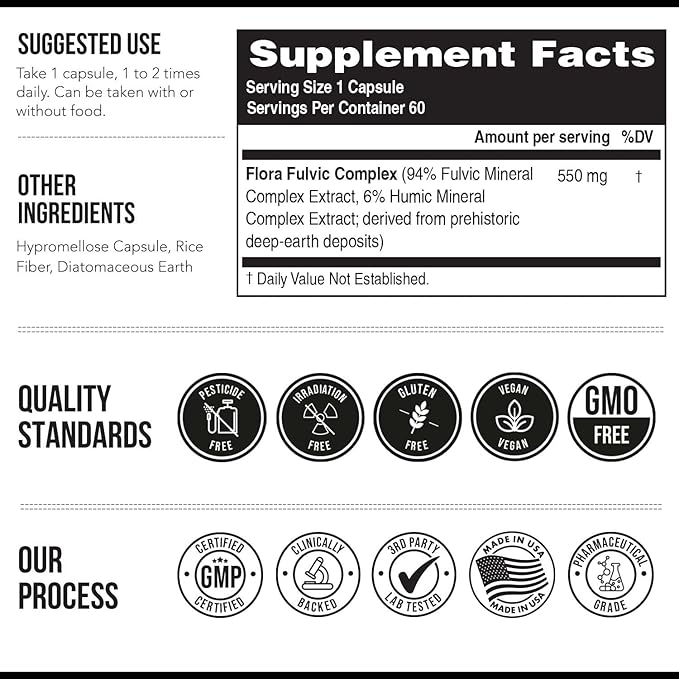 Flora Fulvic | Fulvic Acid + Humic Acid Complex – 550 mg |Mined in Utah Prehistoric Deep Earth Extract | Immunity Gut Digestion – Natural Trace Mineral Complex Fulvic Acid Supplement – 60 Capsules