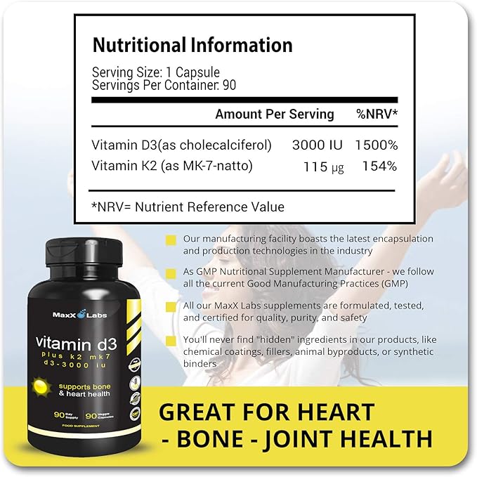Vitamin D3 K2 3000 IU - with Vitamin K as MK-7 from Natto - High Potency Vitamin D Supplement Support Healthy Bones Teeth Heart &amp Immune Function Gluten-Free - 90 Capsules
