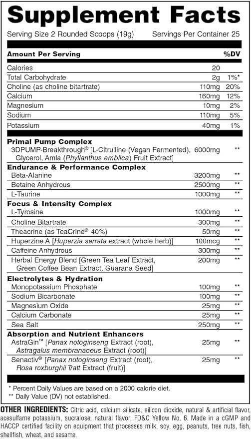 Animal Primal Muscle Hydration + Preworkout Powder – Contains Beta Alanine 3DPump Caffeine &amp Electrolytes – Improves Energy Focus Endurance &amp Absorption – New Wick’d Peach Flavor 16.75 oz