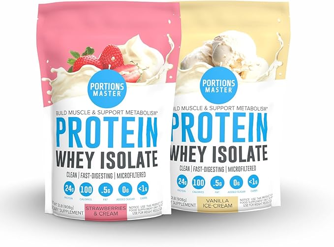 Portions Master CFM Whey Isolate Protein Powder 2-Pack – Vanilla Ice Cream &amp Strawberries and Cream Flavors