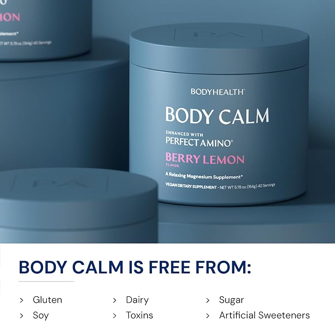 BodyHealth Body Calm Enhanced with PerfectAmino High Absorption Magnesium Supplement for Men and Women Magnesium Powder for Sleep Berry Lemon (40 Servings)