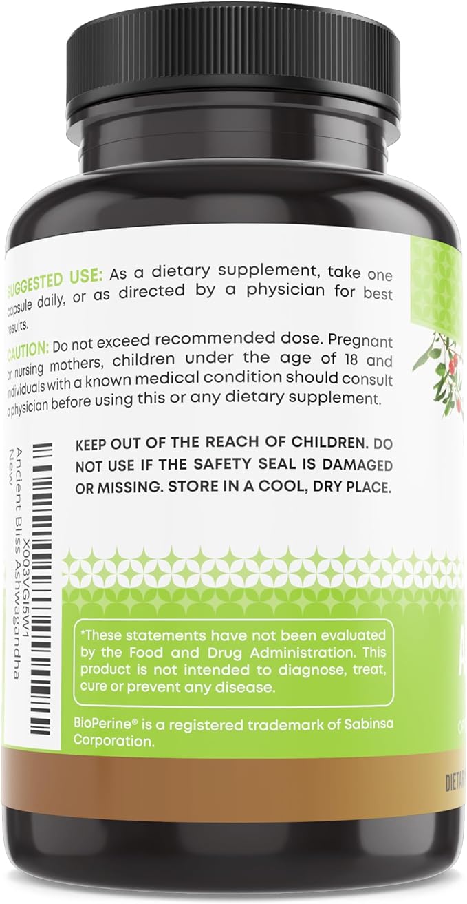 Ancient Bliss Ashwagandha with L-Theanine &amp Black Pepper Extract Capsules Energy &amp Natural Mood Support Supplement Focus Supplement for Adults