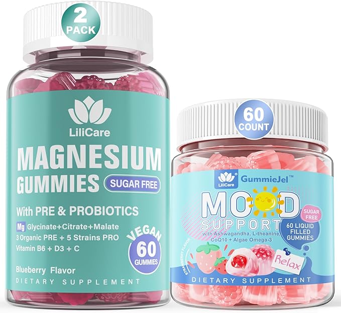 2 Pack Sugar Free Triple Magnesium Gummies 400mg + Natural Relax Calming Gummies for Mood Support