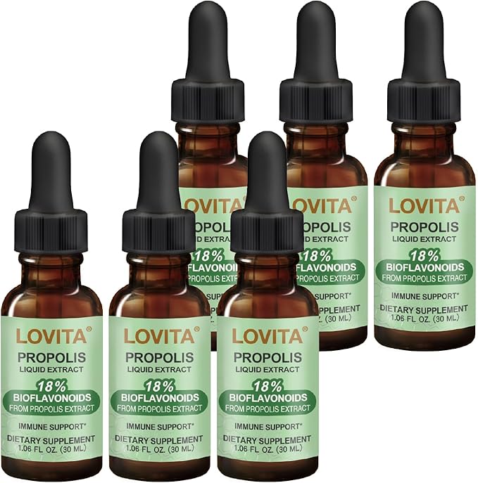 LOVITA 6 Bottles Value Pack Bee Propolis Liquid Extract 500mg 5:1 Resin Drops with 18% Bioflavonoids Alcohol-Free Antioxidant Immune Support &amp Throat Soothing