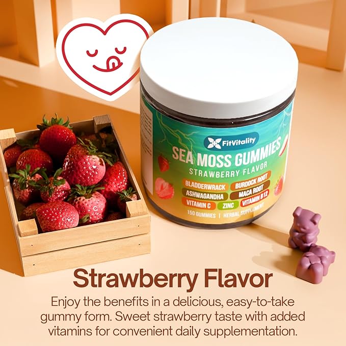 150 Sea Moss Gummies | 9-in-1 Formulation with Irish Sea Moss Ashwagandha Burdock Elderberry Bladderwrack Maca Zinc B12 | Energy &amp Immune Support | Strawberry Flavor Vegan Gummies