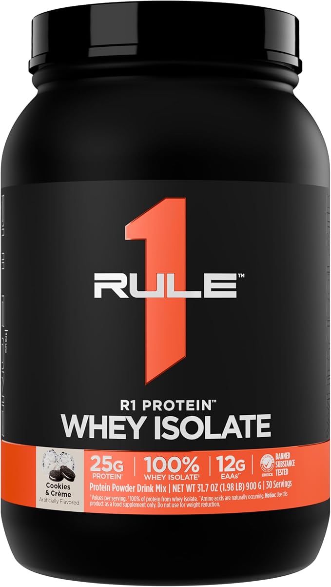 Rule 1 R1 Protein Whey Isolate - with 25g Protein &amp 6g BCAA Exclusively from Isolated &amp Hydrolyzed Sources for Workout Recovery (2 Pounds* Cookies &amp Crème)