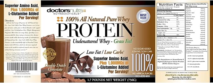 Pure 100 Percent - Undenatured Grass Fed Whey Protein Low Carb Low Fat Double Dutch Chocolate Flavor Natural Ultrafiltered Plus 1000 Milligrams L-Glutamine