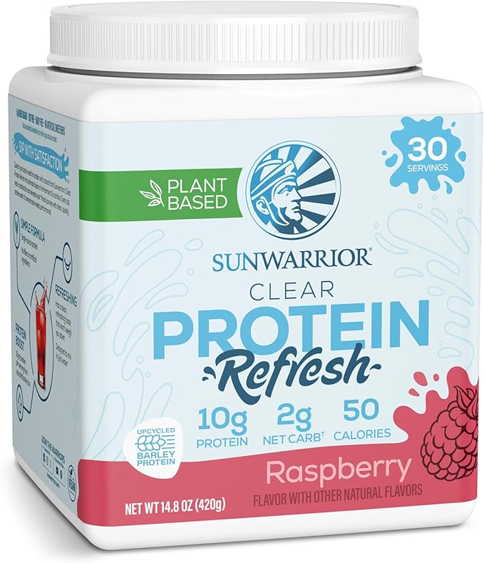 Sunwarrior Clear Protein Powder Plant-Based Water Mix Vegan and Refreshing Protein and Hydration Supplement 10g Per Serving Raspberry Flavored 420g Tub 30 Servings