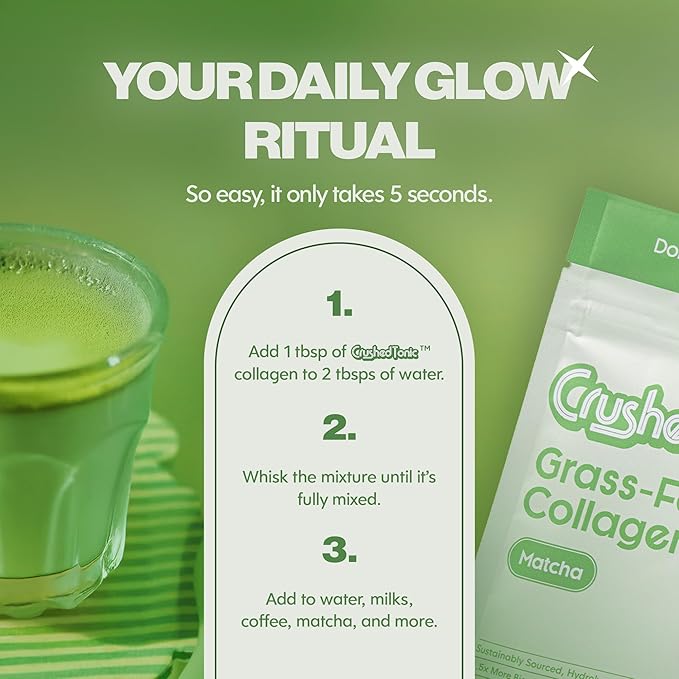 Crushed Tonic Marine Collagen Powder Korean Beauty Drink with Hydrolyzed Collagen Peptides for Skin Hair &amp Nails | Gluten-Free Halal &amp Kosher (Matcha 30 Servings (150 g) Pouch)
