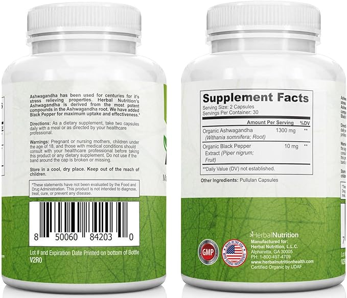 Herbal Nutrition Organic Ashwagandha 120 Vegan Capsules Withania somnifera Root Powder Traditional Ayurvedic Herb for Balance Calm &amp Daily Wellness Non-GMO Plant-Based Tested for Quality