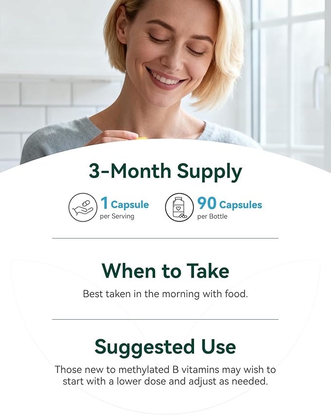 Vitamin B Complex - Fully Methylated Active B12 B6 Folate - for Energy Focus Mood &amp Nerve Health - Non-GMO Vegan Gluten-Free with B1 B2 B3 B5 B7-90 Capsules for 3 Months