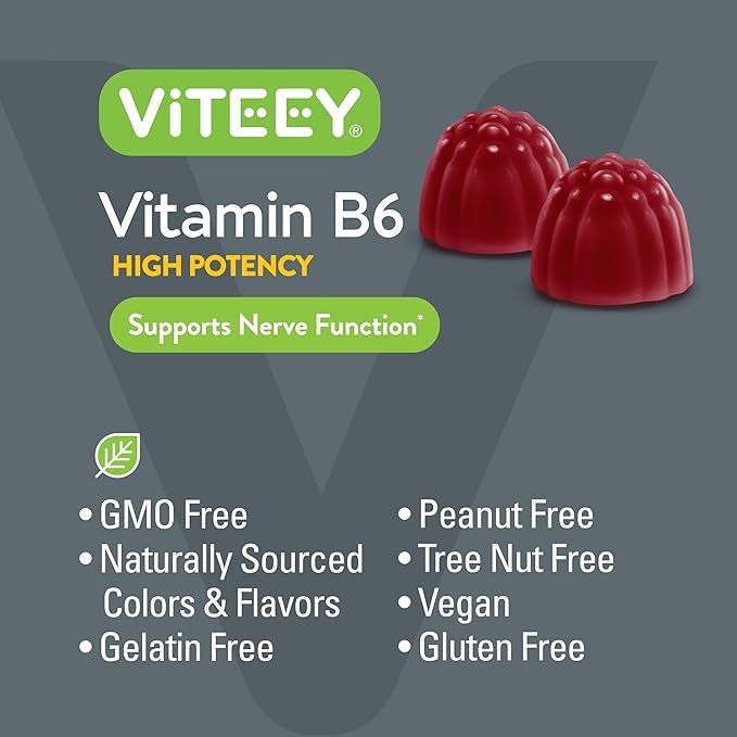 Viteey Vitamin B6 Gummies - Energy Nerve &amp Mood Support - B6 Vitamins 100mg - Vegan Gluten Free GMO Free - 120 Count