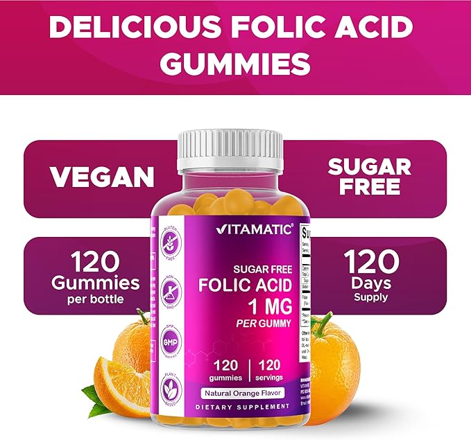 Vitamatic Folic Acid Gummies 1000 mcg (1 mg) - an Essential Prenatal Vitamins for Mom &amp Baby - Vitamin B9-120 Vegan Gummies (6)
