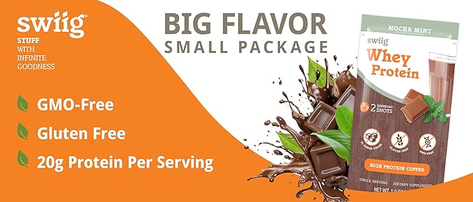 swiig Single Serve Whey Coffee Mocha Mint 10pk – Premium Daily Whey Protein 20g Gluten Free GMO Free No Fillers No Artificial Flavors