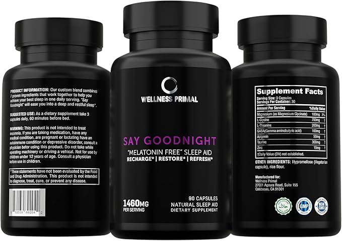 Melatonin Free Sleep Aid Supplement for Longer Restful Sleep &amp Stress Relief w/Magnesium GABA L-Glycine L-Theanine Apigenin Taurine &amp Zinc (180 Vegan Capsules) (2)