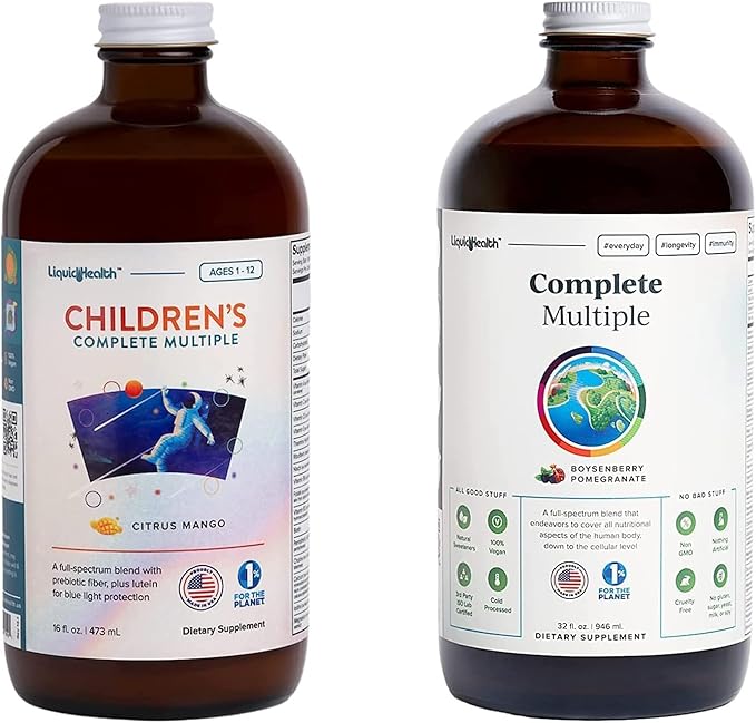 LIQUIDHEALTH Adult Complete Multiple &amp Children's Complete Multiple Daily Liquid Multivitamin Bundle for Family - Support Overall Health Boost Immune System - Made in USA Whole Foods Vegan Non