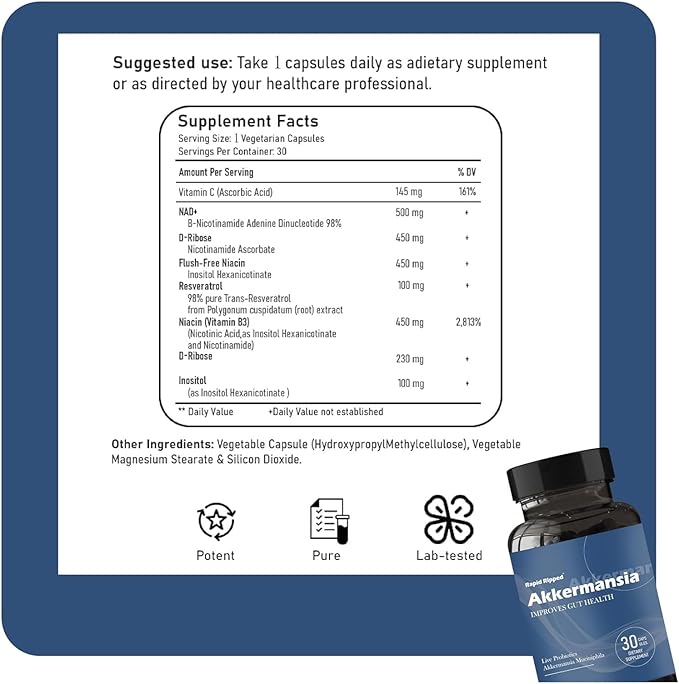 Akkermansia Probiotic with Prebiotic Fiber - Increases GLP-1 Production Delayed Release Third-Party Tested 100M AFU Live Strain for Gut Health for Men &amp Women (2pcs)