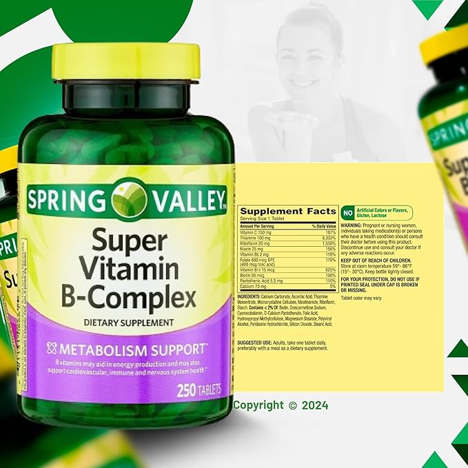 Super Vitamin B-Complex Tablets 250 + Spring Super Vitamin B-Complex Tablets Dietary Supplementt Bundle Exclusive Better Ligth&ampSpring Guide