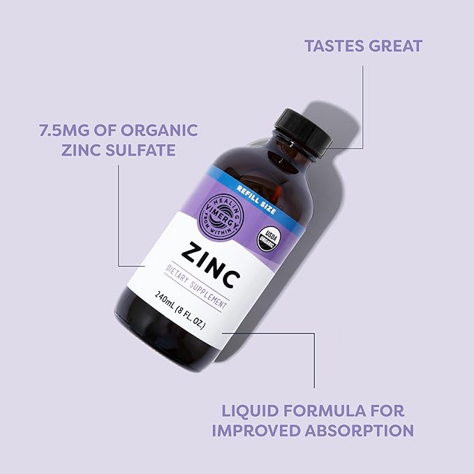 VIMERGY USDA Organic Zinc Supplements for Women &amp Men (7.5mg Liquid Zinc Per Serving) Fast-Absorbing Immune Support Promotes Healthy Bones &amp Skin Vegan Up to 120 Servings (240mL)