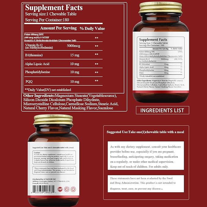 LIIFE Methylcobalamin (Higher PQQ + Vitamin B12) 5000 mcg | Boosts Antioxidant Power &amp Mitochondrial Support Promotes Brain &amp Nerve Health | 180 Chewable Tablets Gluten-Free Formula Cherry