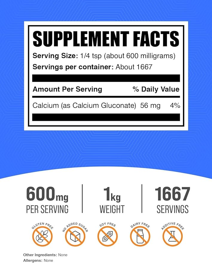 BulkSupplements.com Calcium Gluconate Powder - Calcium Supplement Easily Absorbed - Unflavored &amp Gluten Free 600mg per Serving 1kg (2.2 lbs) (Pack of 1)
