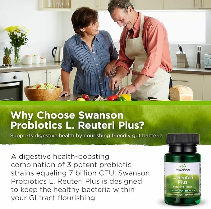 Swanson L. Reuteri Probiotic Plus with L. Rhamnosus L. Acidophilus &amp FOS Prebiotic for Gut-Health-Conscious Adults - 7 Billion CFU (30 Vegan Capsules 2 Pack)