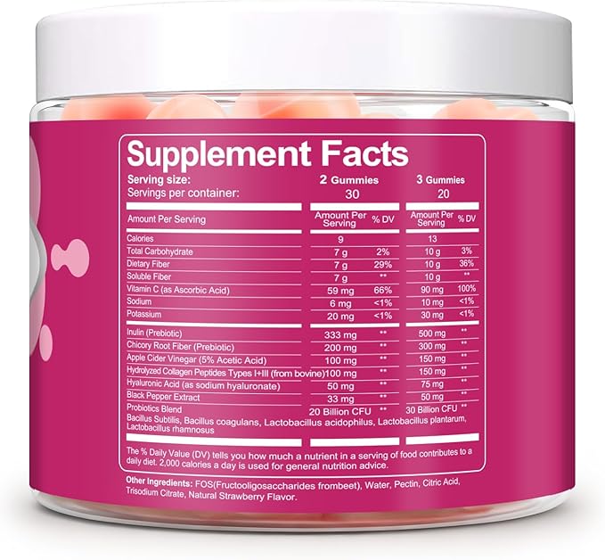 10G Fiber Gummies with Collagen Peptides Hyaluronic Acid Vitamin C ACV &amp 30 Billion CFU Probiotics – Sugar Free Collagen Gummies for Skin Hair &amp Nails – Digestive Support – 120 Cts