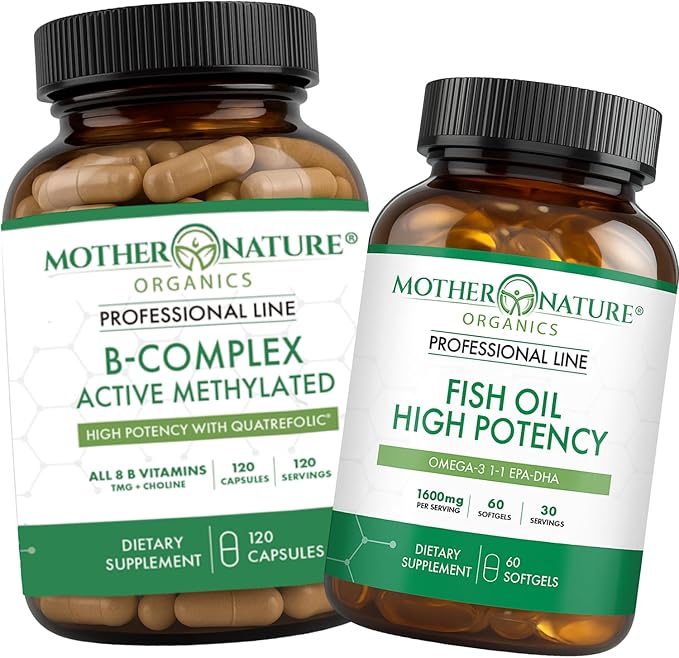 Mother Nature Organics Superfoods for Organic Living B Complex &amp Omega-3 Fish Oil Bundle – Energy Heart &amp Brain Support | Mood Immune &amp Stress Balance | Non-GMO Gluten-Free